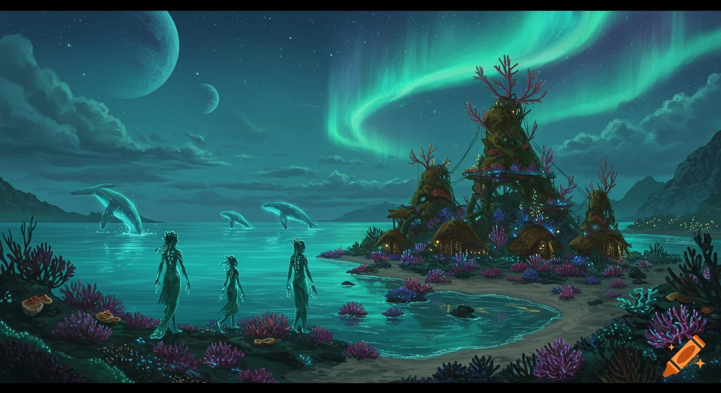 Alien beings on a coral island shore under two moons and a vibrant aurora. Bioluminescent plants glow, and whales breach in turquoise water in a concept art style.