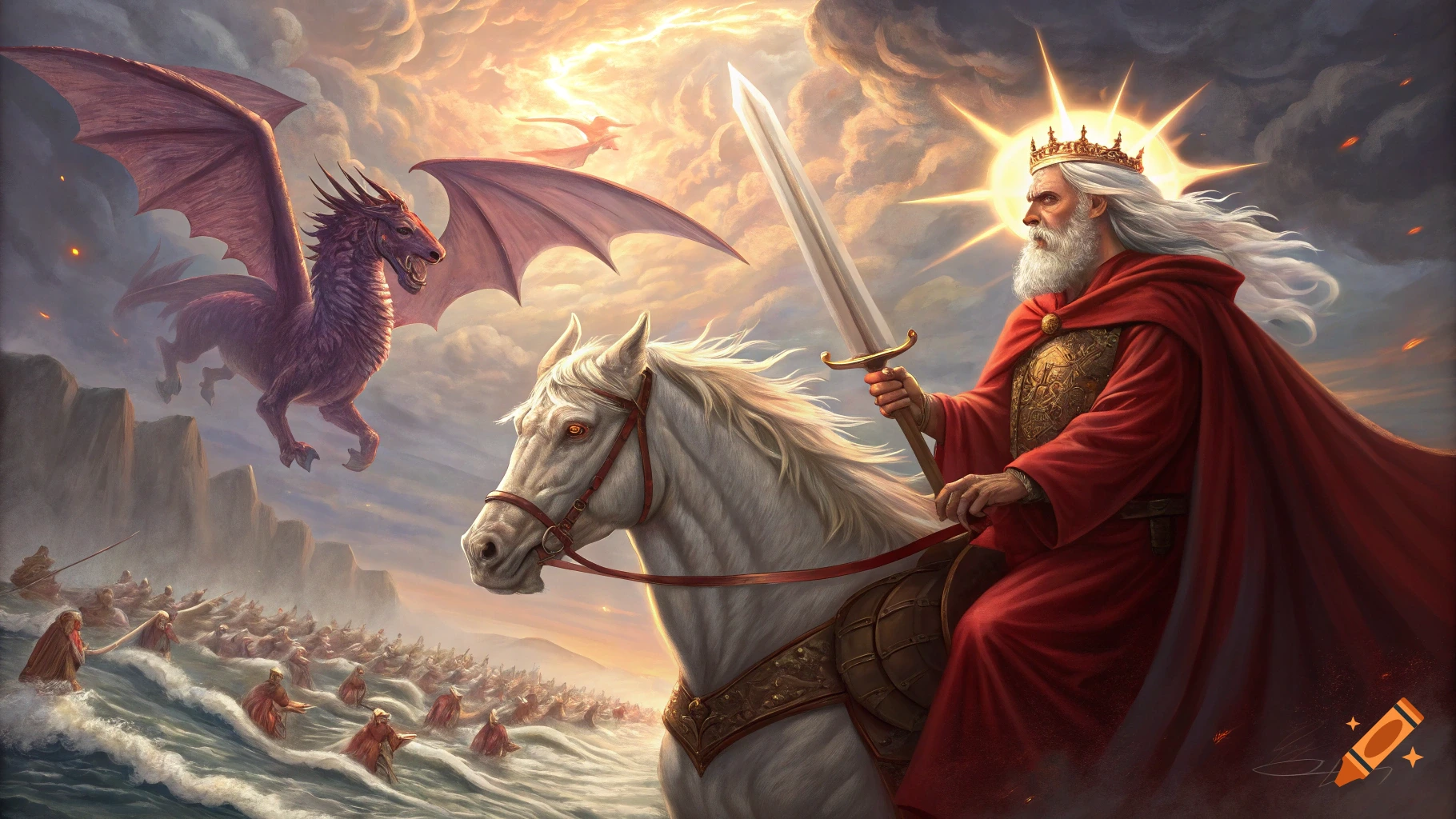 A divine king with white hair and a red robe rides a white horse, holding a sword under a bright sun. A red dragon flies nearby as an army charges through water below.