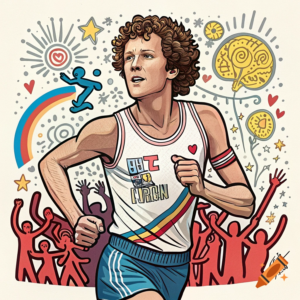 A Keith Haring style illustration of Terry Fox running, surrounded by abstract, cheering figures and symbols.