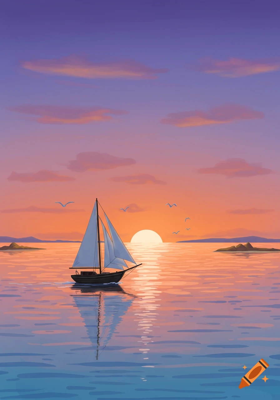 A stylized illustration of a sailboat on calm water at sunset, with islands on the horizon and birds in the sky.