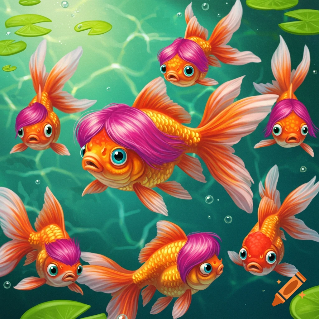 Cartoon goldfish with bright pink hair swim in vibrant green water with lily pads and bubbles.