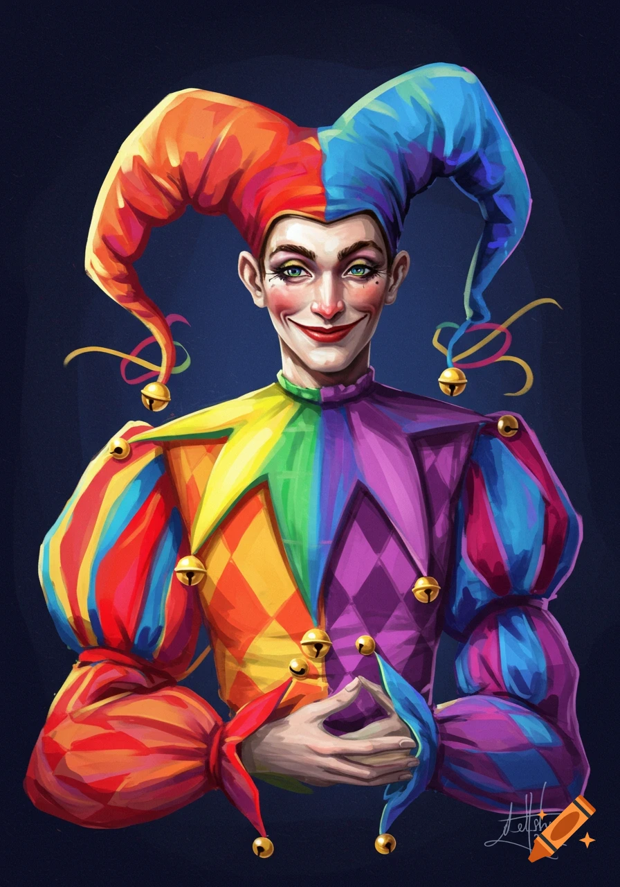 A colorful, smiling male jester in a rainbow costume and hat, in an artistic portrait.
