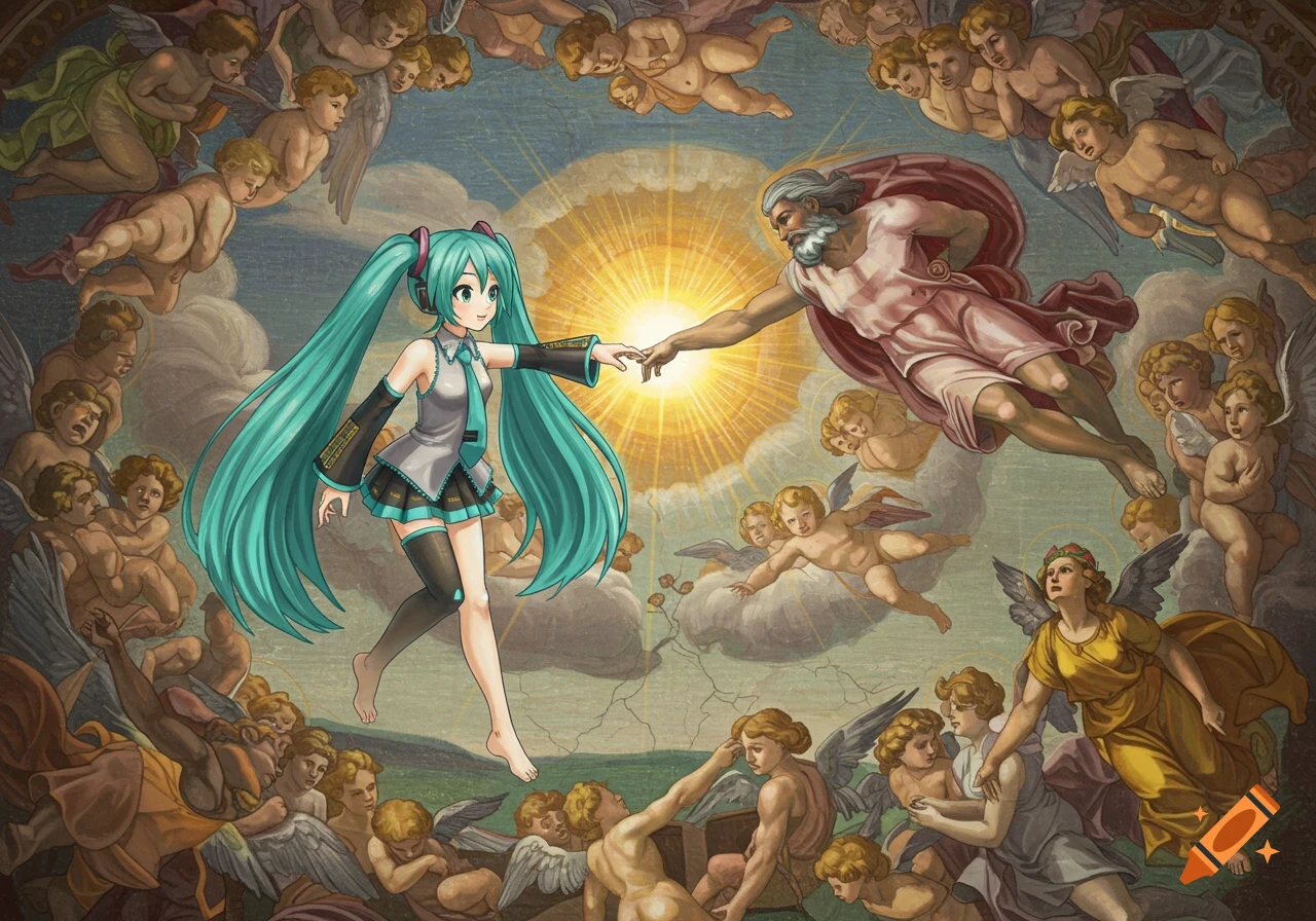 Hatsune Miku reaches out to God in a vibrant, anime-style rendition of Michelangelo's Creation of Adam, surrounded by angels.