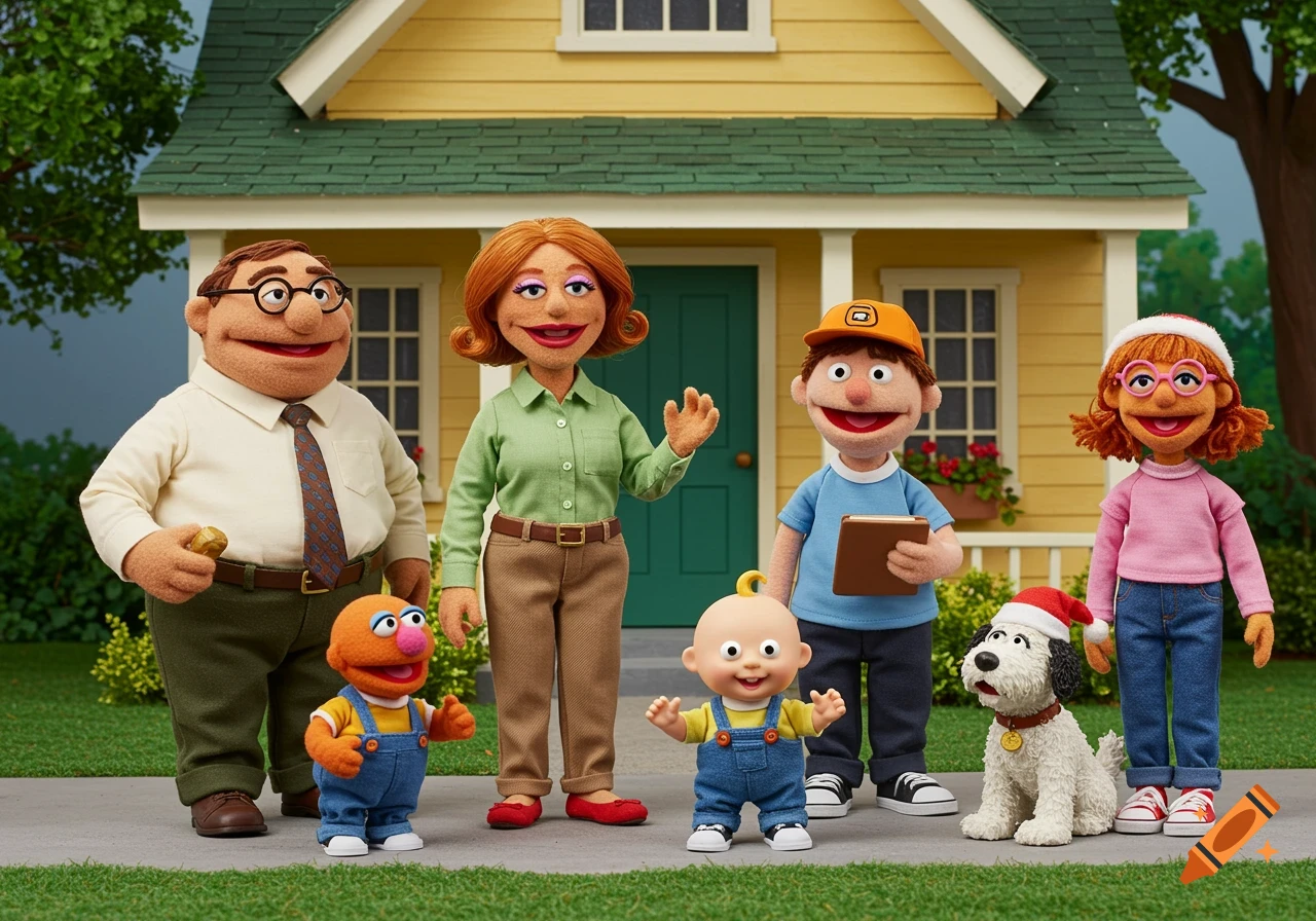 A Muppet-like family, including a dog and a baby, stands on a sidewalk in front of a yellow house with a green roof.