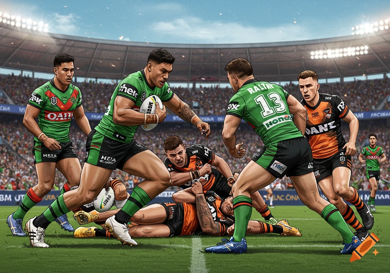 An illustration of rugby players in green and orange jerseys competing on a field in a stadium.