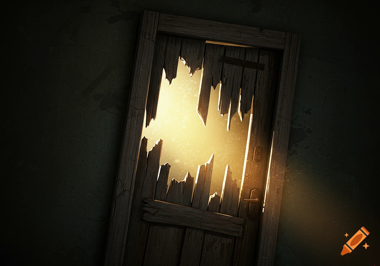 A dark image of a damaged wooden door with a large jagged hole, through which bright light pours.