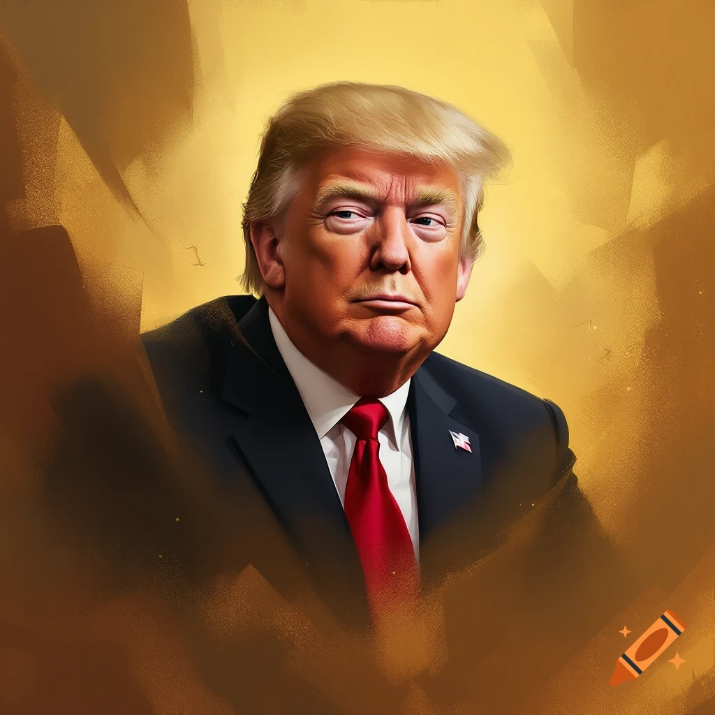 A painted portrait of Donald Trump in a suit and red tie, set against an abstract gold and brown background.