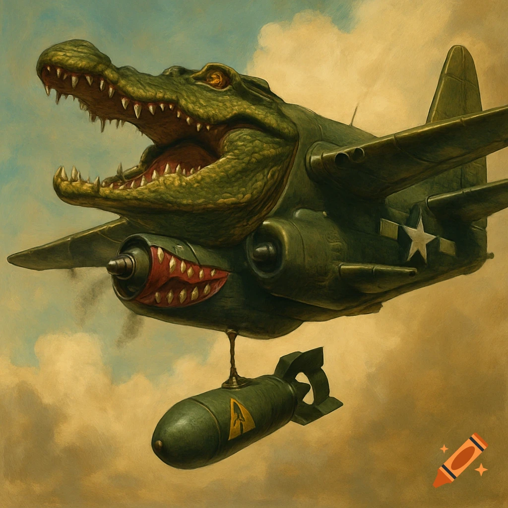A fantastical bomber plane with a crocodile's head and open mouth, dropping a bomb with a warning symbol, against a cloudy sky.