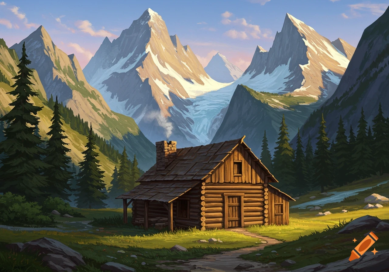 A rustic log cabin in a green valley, surrounded by tall, snow-capped mountains and pine forests.