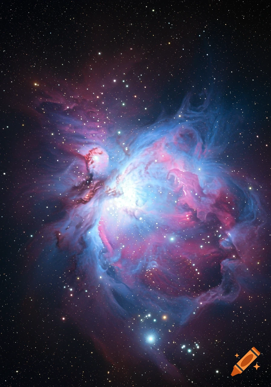 A vibrant space nebula with pink, blue, and purple gas clouds and many bright stars against a dark background.