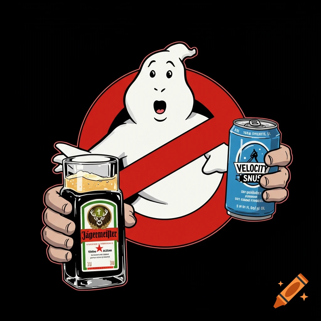 The Ghostbusters logo ghost holding a glass of Jägermeister and a blue Velocity Snus can, against a black background in a cartoon style.