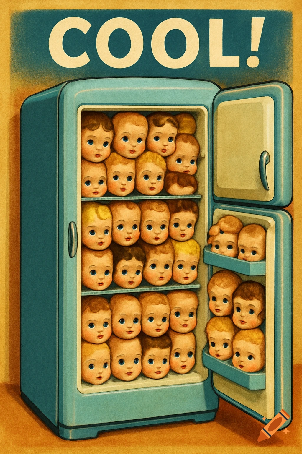 Vintage 1950s style ad of a blue refrigerator packed with doll heads, with "COOL!" text above.