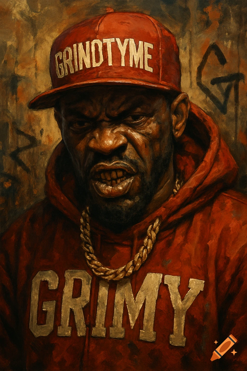 A gritty, painted portrait of a man in a red hoodie and hat, text reads 'GRINDTYME' and 'GRIMY', with a gold chain.
