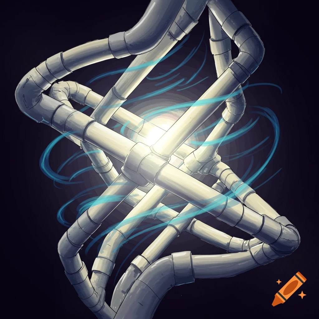 An intricate structure of white PVC pipes intertwined, with a bright central light source and swirling blue energy, against a dark background.