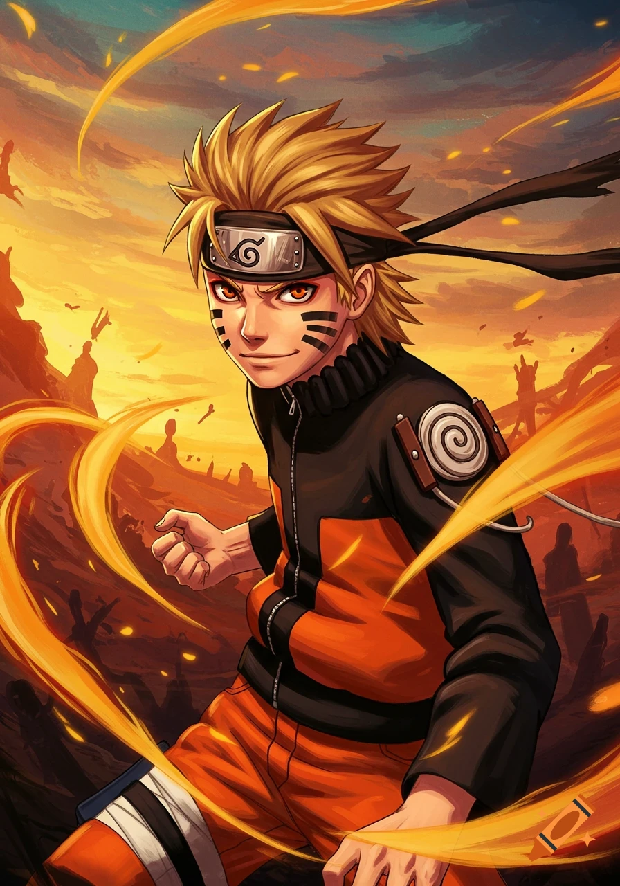 Anime-style illustration of Naruto Uzumaki with spiky blonde hair, wearing an orange and black outfit, against an orange sky.