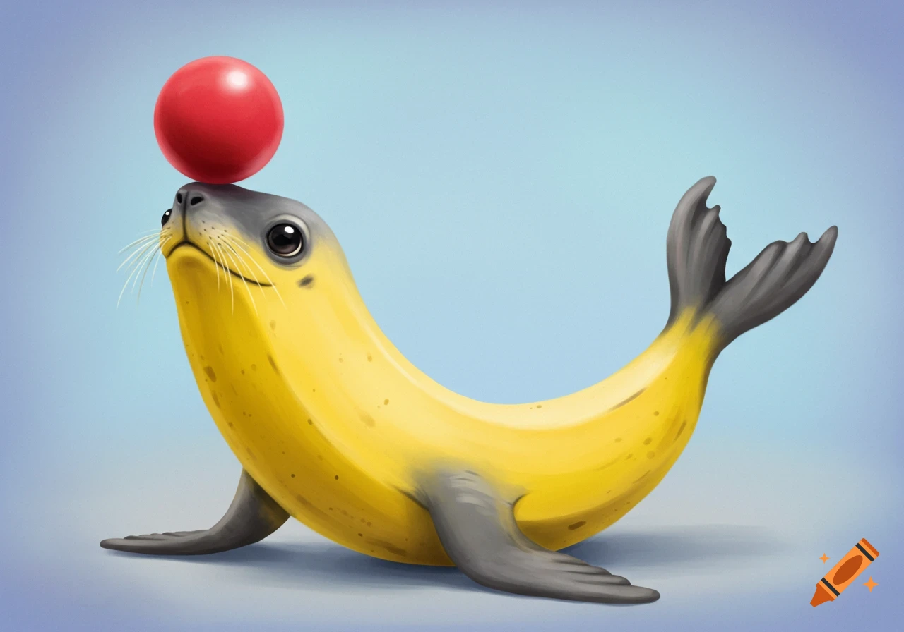 A cute, cartoonish banana-yellow seal balances a bright red ball on its nose against a light blue background.