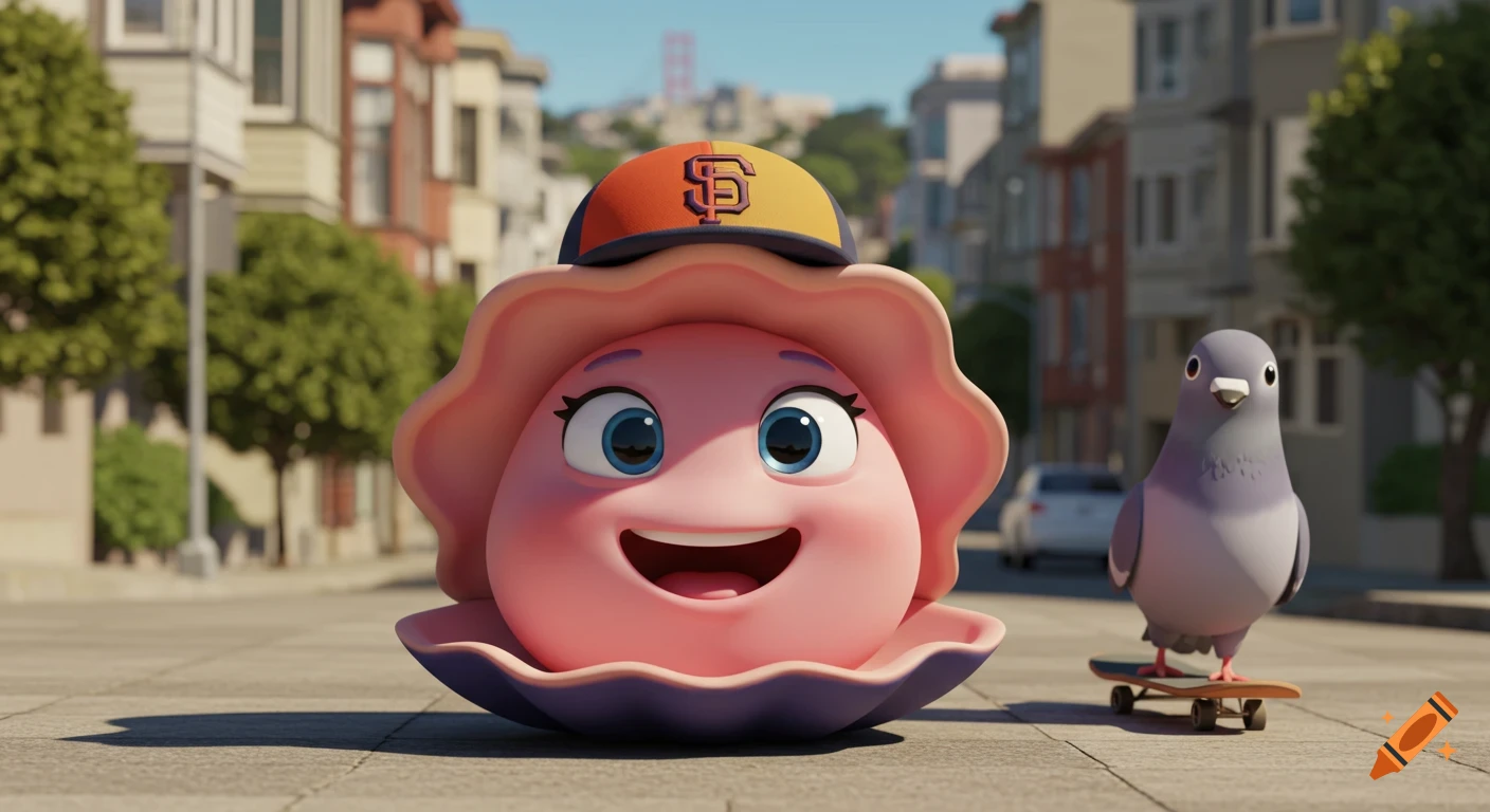A cute pink animated clam in a shell and Giants cap smiles on a San Francisco street next to a pigeon on a skateboard.