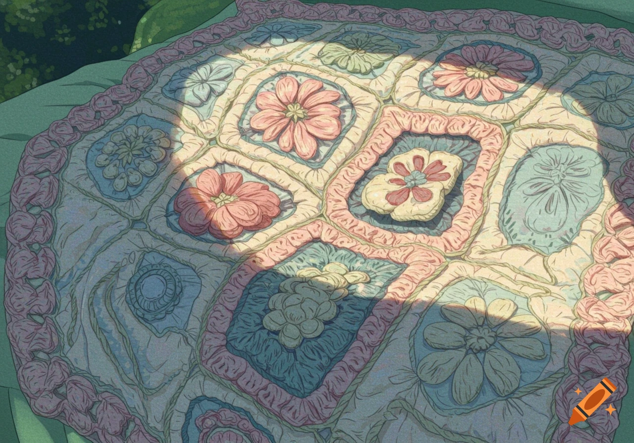 Close-up illustration of a colorful crochet quilt with flower patterns in Studio Ghibli anime style, with sunlight