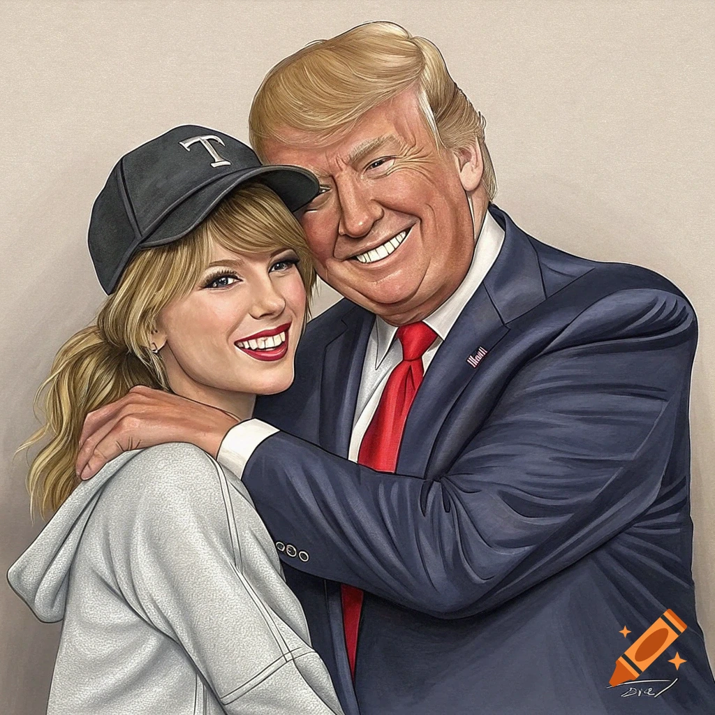 A caricature illustration shows Taylor Swift in a grey hoodie and cap smiling, as Donald Trump in a suit hugs her.