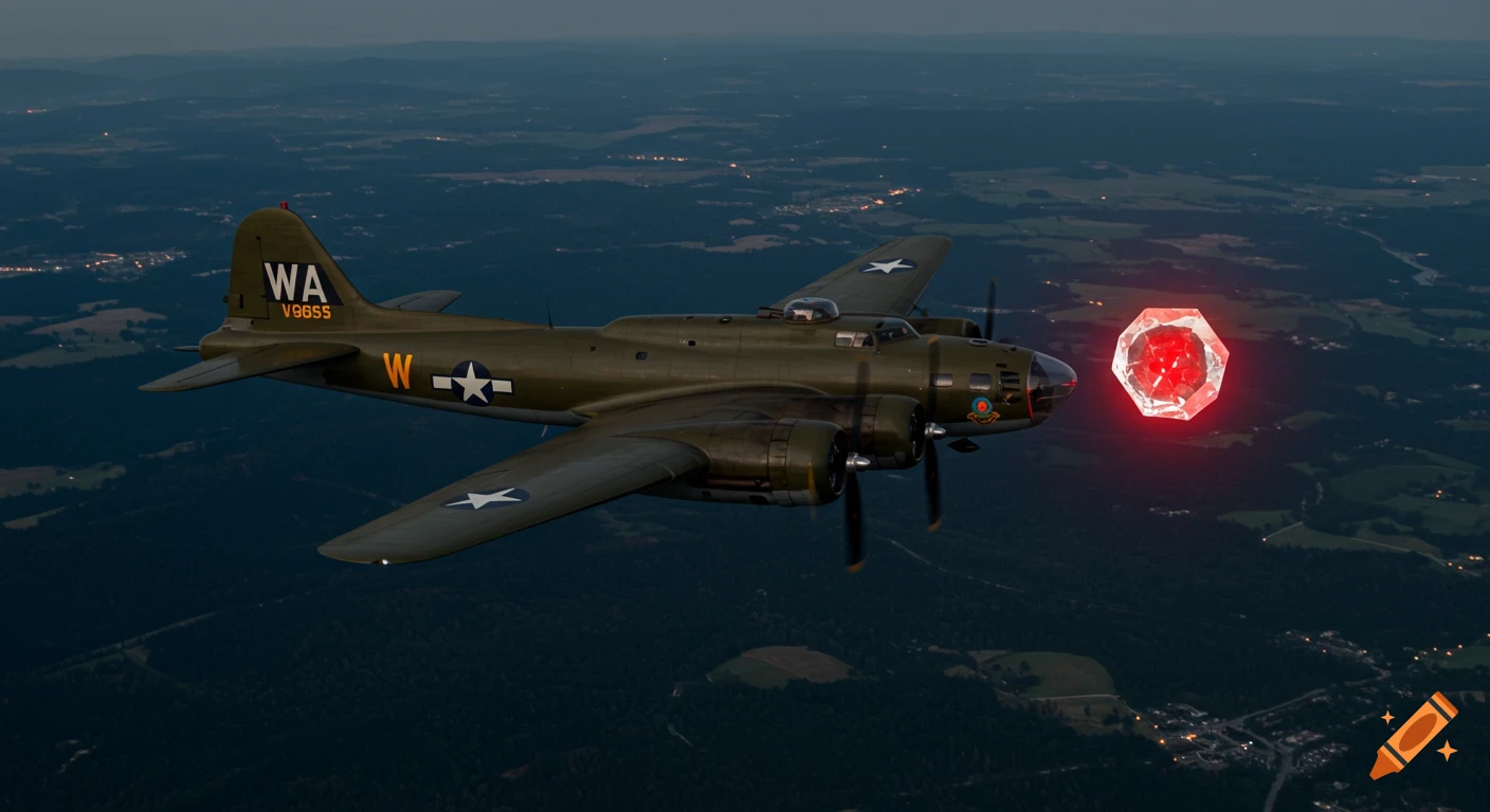 A photorealistic image of a World War II B-17 bomber flying over a dark, sprawling landscape at night, accompanied by a glowing red faceted crystal off its right wing.