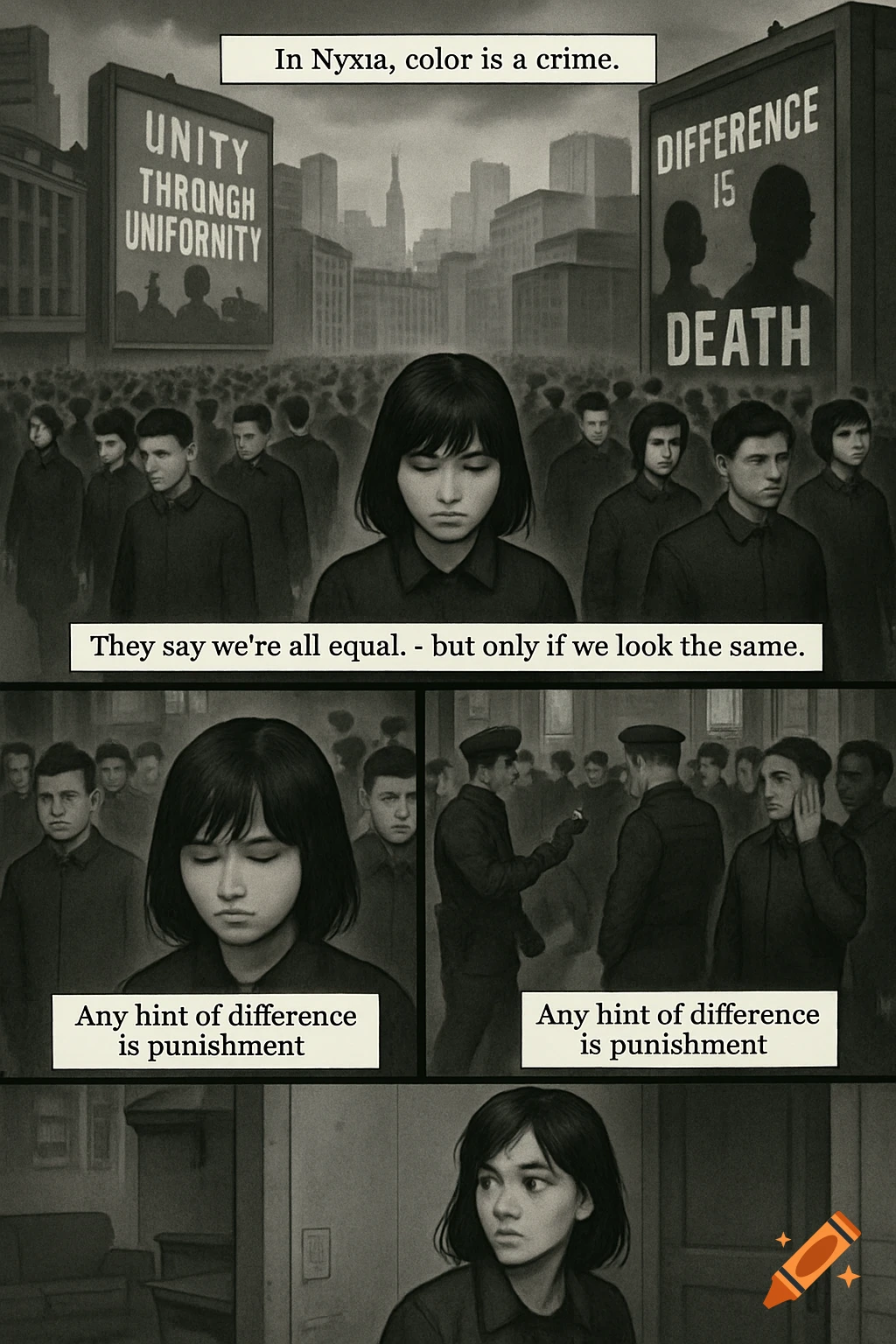 A black and white comic depicts a dystopian city where uniformity is enforced. A girl with black hair walks through crowds and a propaganda poster reads 'UNITY THRONQH UNIFORMITY'.