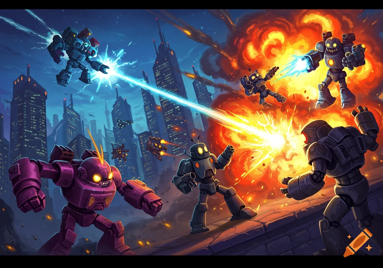 Cartoon robots battle with lasers and explosions in a futuristic city at night.