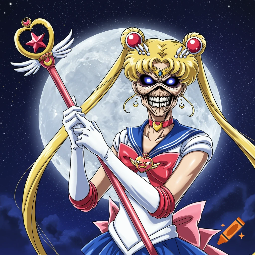 Iron Maiden's Eddie character depicted as Sailor Moon, holding a magical staff against a full moon and starry night sky in an anime art style.