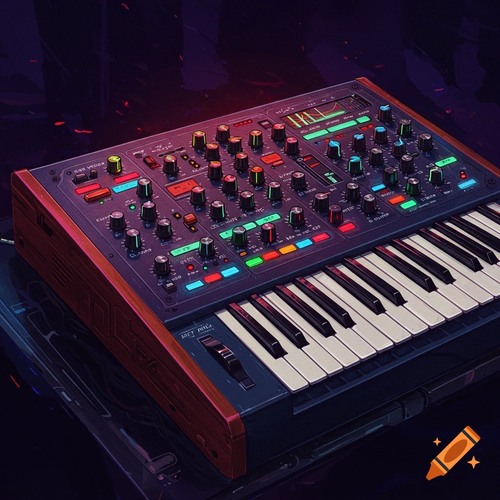 A dark, close-up shot of a futuristic synthesizer with an array of colorful, glowing buttons, knobs, and a keyboard.