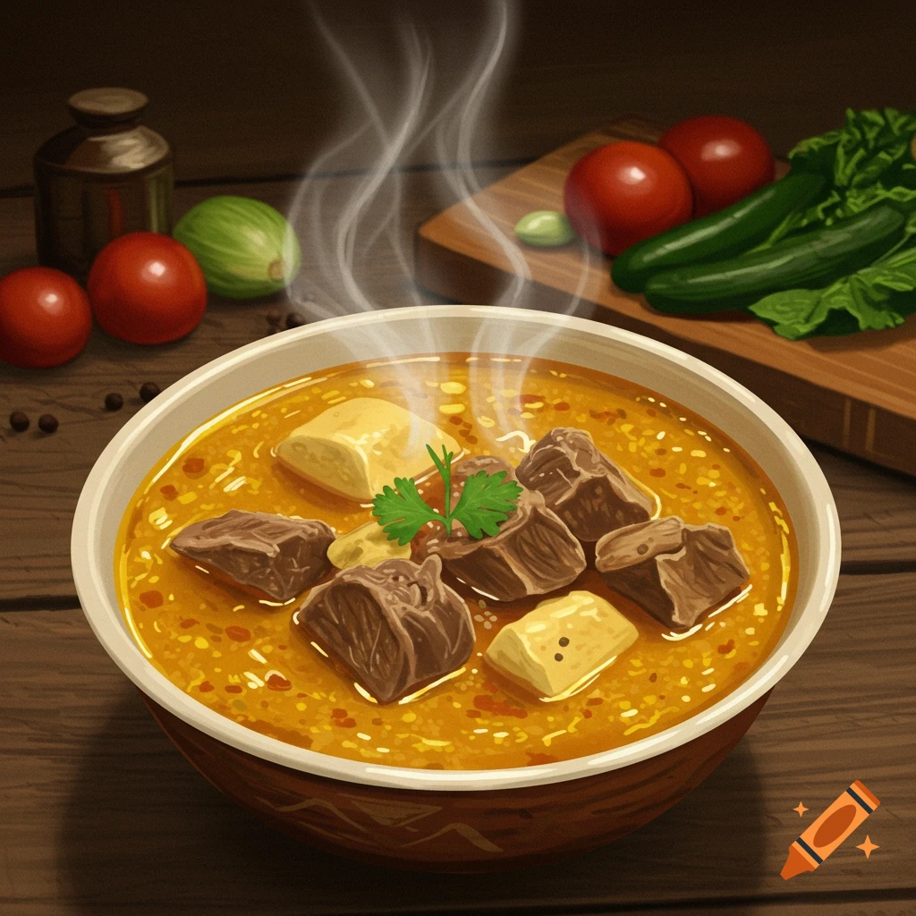 Stylized illustration of a steaming bowl of meat stew with vegetables and spices on a wooden table.