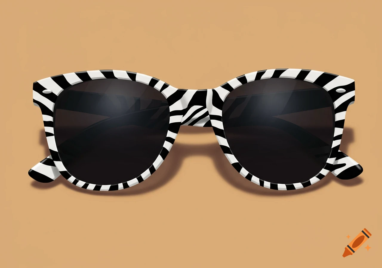 A pair of stylish sunglasses with a black and white zebra print frame, set against a light brown background.