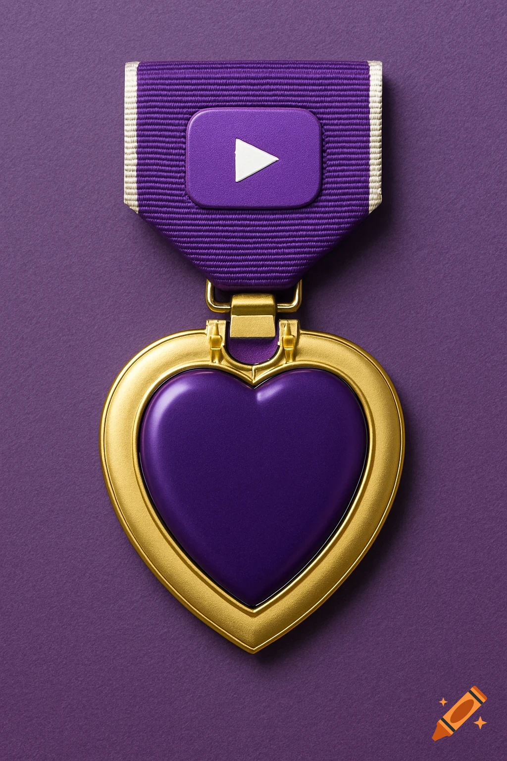 A close-up photorealistic image of a purple heart medal with a purple YouTube play button on its ribbon, all on a purple background.