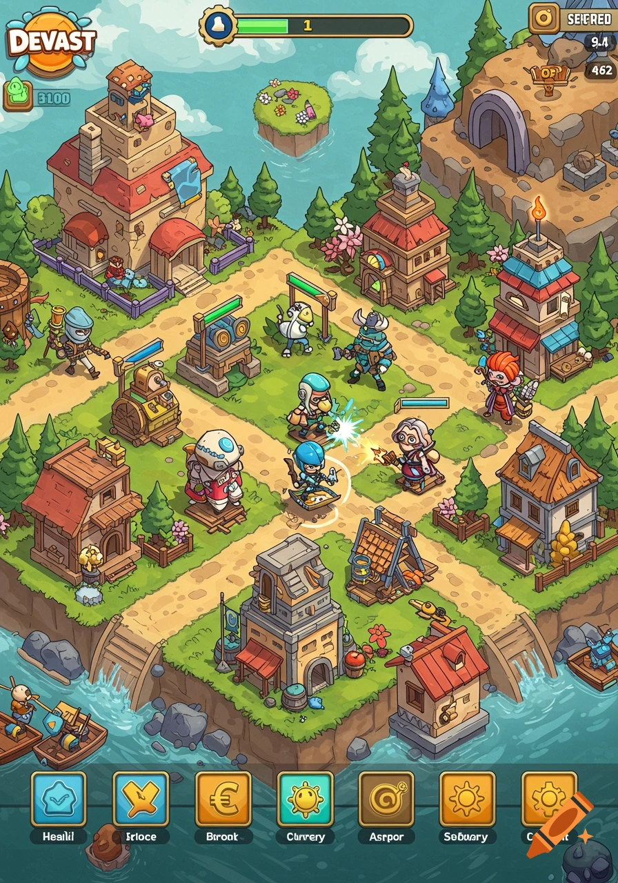 An isometric cartoon town with buildings, characters battling, and game UI elements.