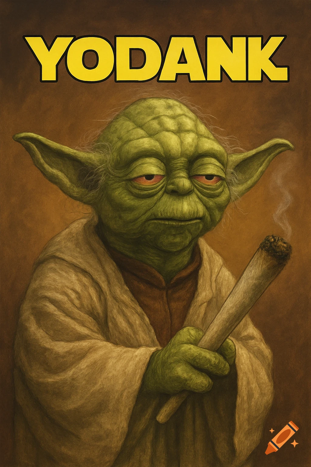 Cartoon illustration of Yoda with bloodshot eyes, holding a large lit joint, with 'YODANK' written above.