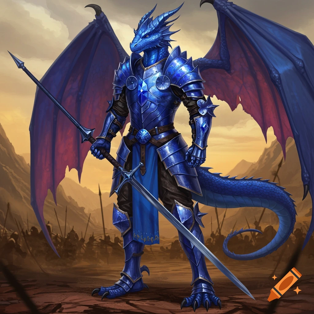 A majestic blue dragon knight in gleaming sapphire armor stands on a battlefield, holding a spear and a sword.