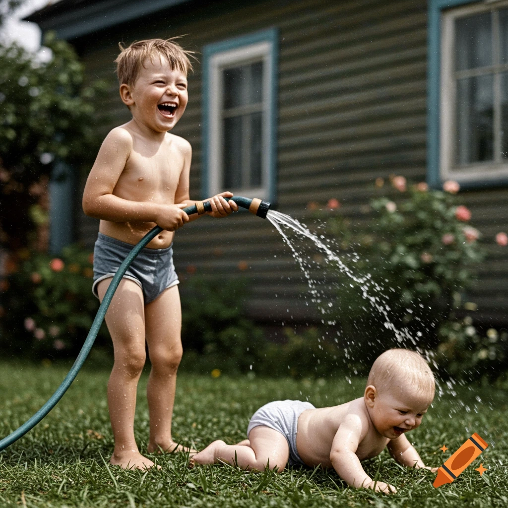 A laughing older boy sprays a hose at a crawling baby in a grassy front yard, reminiscent of a 1950s photo.