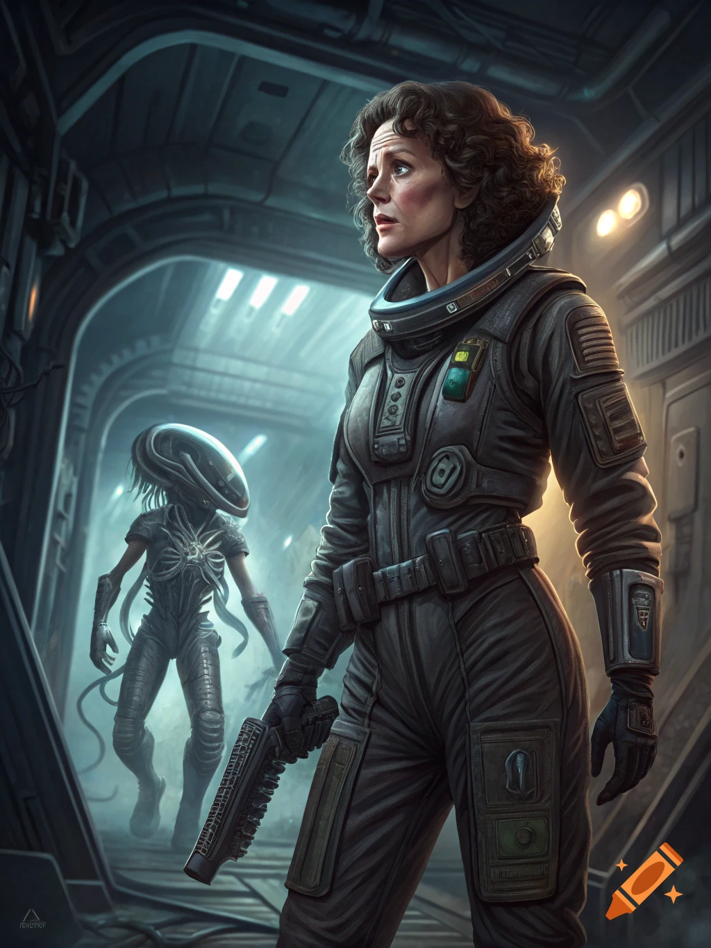 A woman in a dark spacesuit holds a gun, looking wary in a futuristic spaceship corridor, with a tall, menacing alien creature standing behind her.