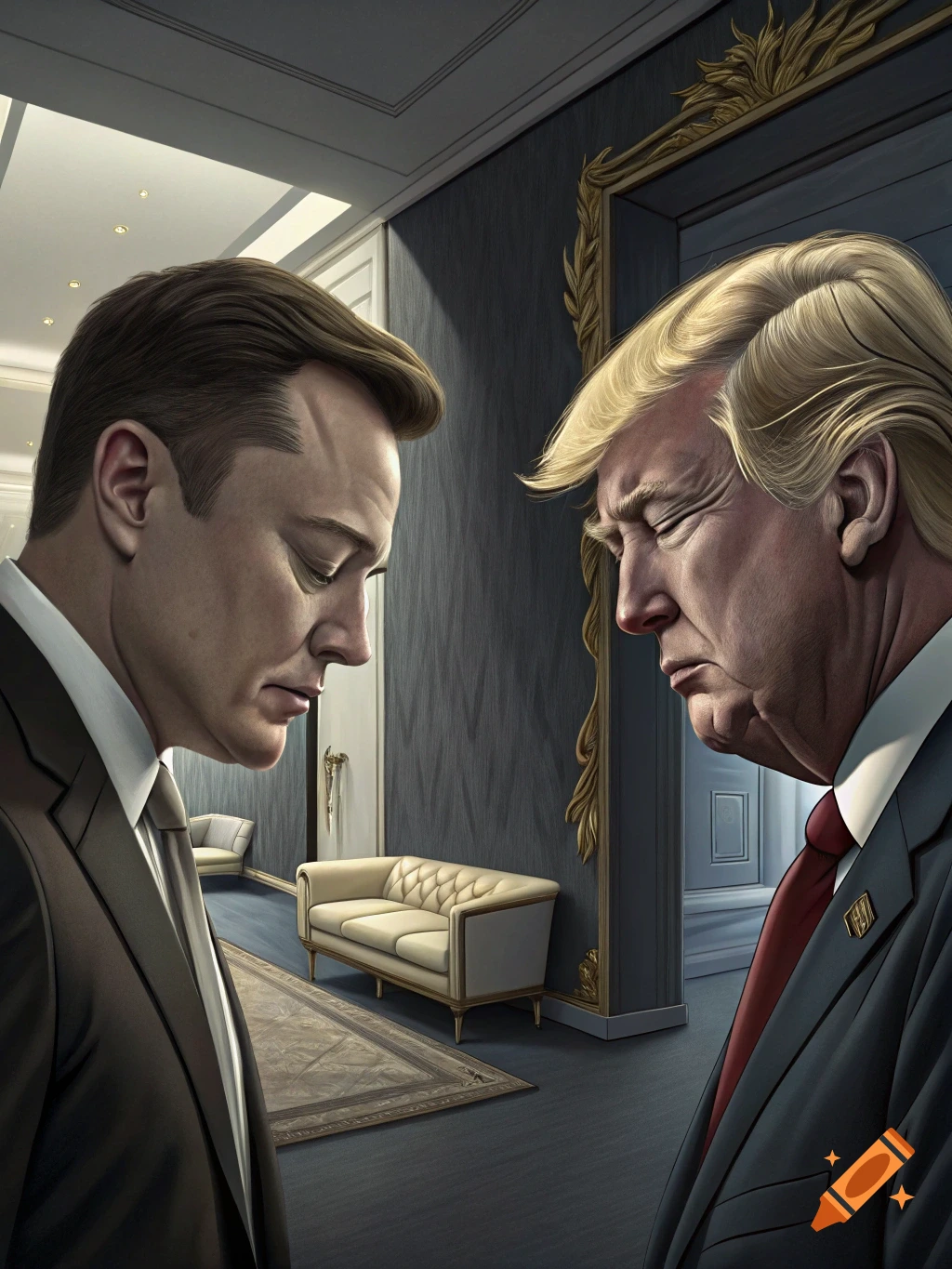 Elon Musk and Donald Trump in suits, heads bowed, in a formal room with a couch and mirror.