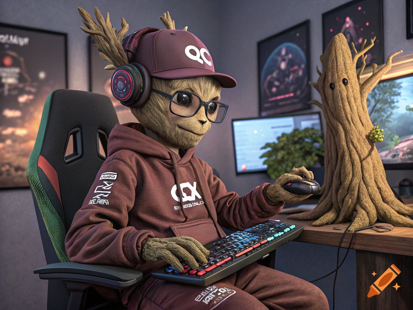 A character resembling Groot, wearing a hoodie, cap, and headphones, sits at a desk playing video games with a mouse and keyboard.