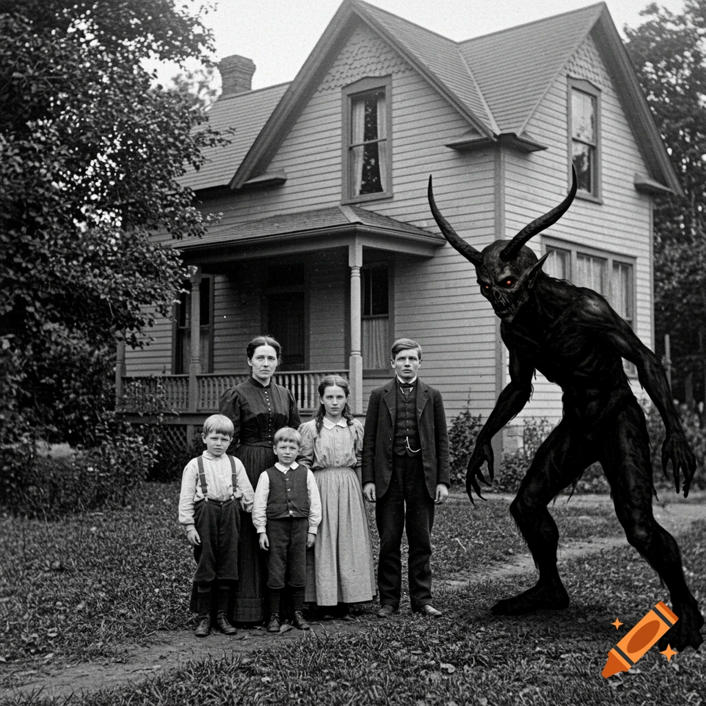 Black and white vintage photo of a family standing outside a house, with a horned black monster standing beside them.