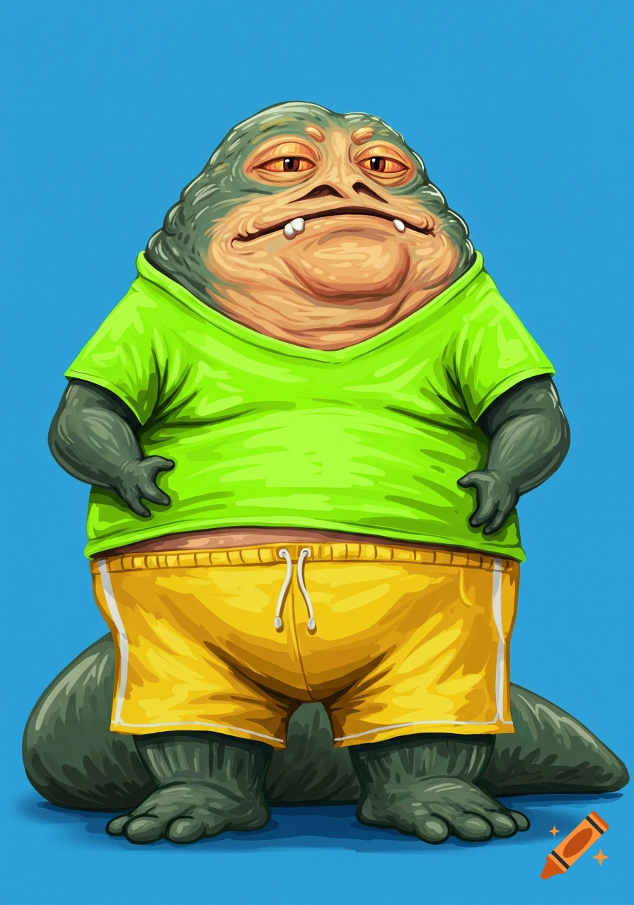 A cartoon illustration of Jabba the Hutt wearing a green t-shirt and yellow shorts on a blue background.