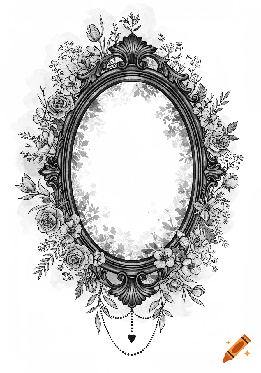 A black and grey ornate gothic oval frame surrounded by intricate roses, tulips, wildflowers, and foliage in a tattoo design style. Inside are soft watercolor botanical elements.