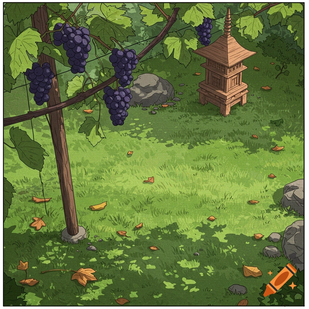 An illustrated Japanese garden with a pagoda, grapevines, green grass, and fallen leaves.
