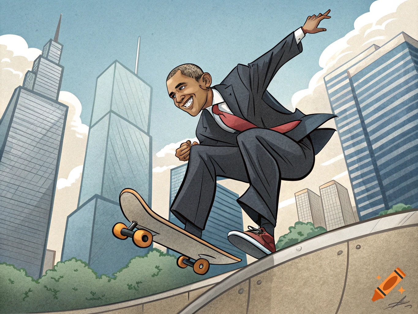 Cartoon of Barack Obama in a suit skateboarding on a ramp with city  skyscrapers in the background. on Craiyon, image size:1365x1024