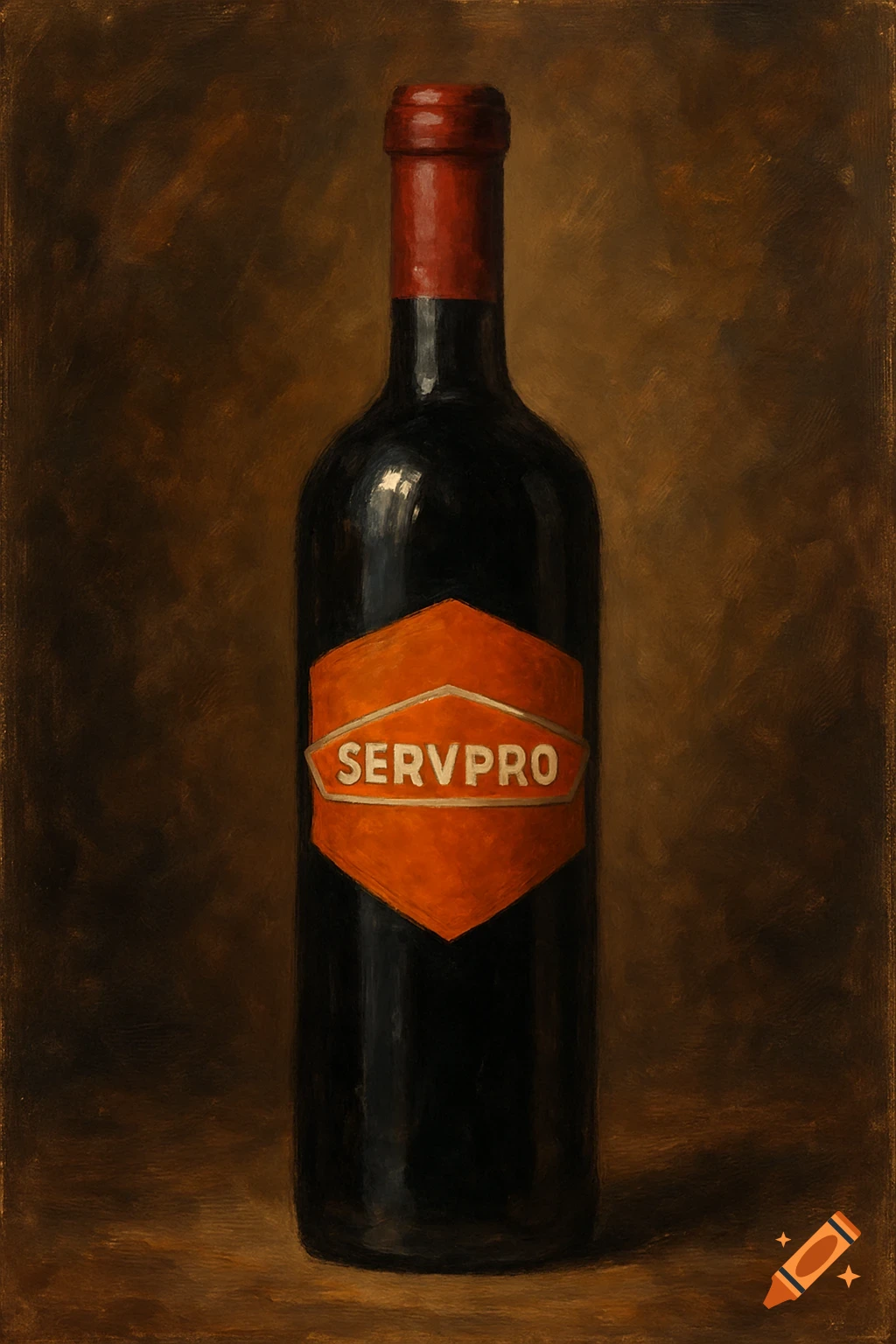 A still life painting of a dark wine bottle with a red top and an orange label featuring the word 'SERVPRO' on a dark, textured background.