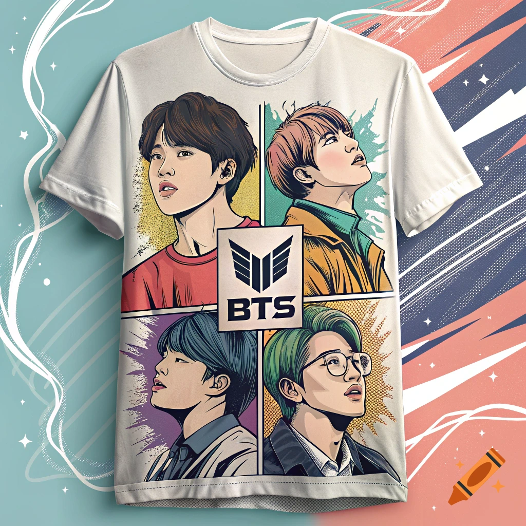 White t-shirt featuring four pop-art style illustrations of male K-pop band members and a 'BTS' logo.