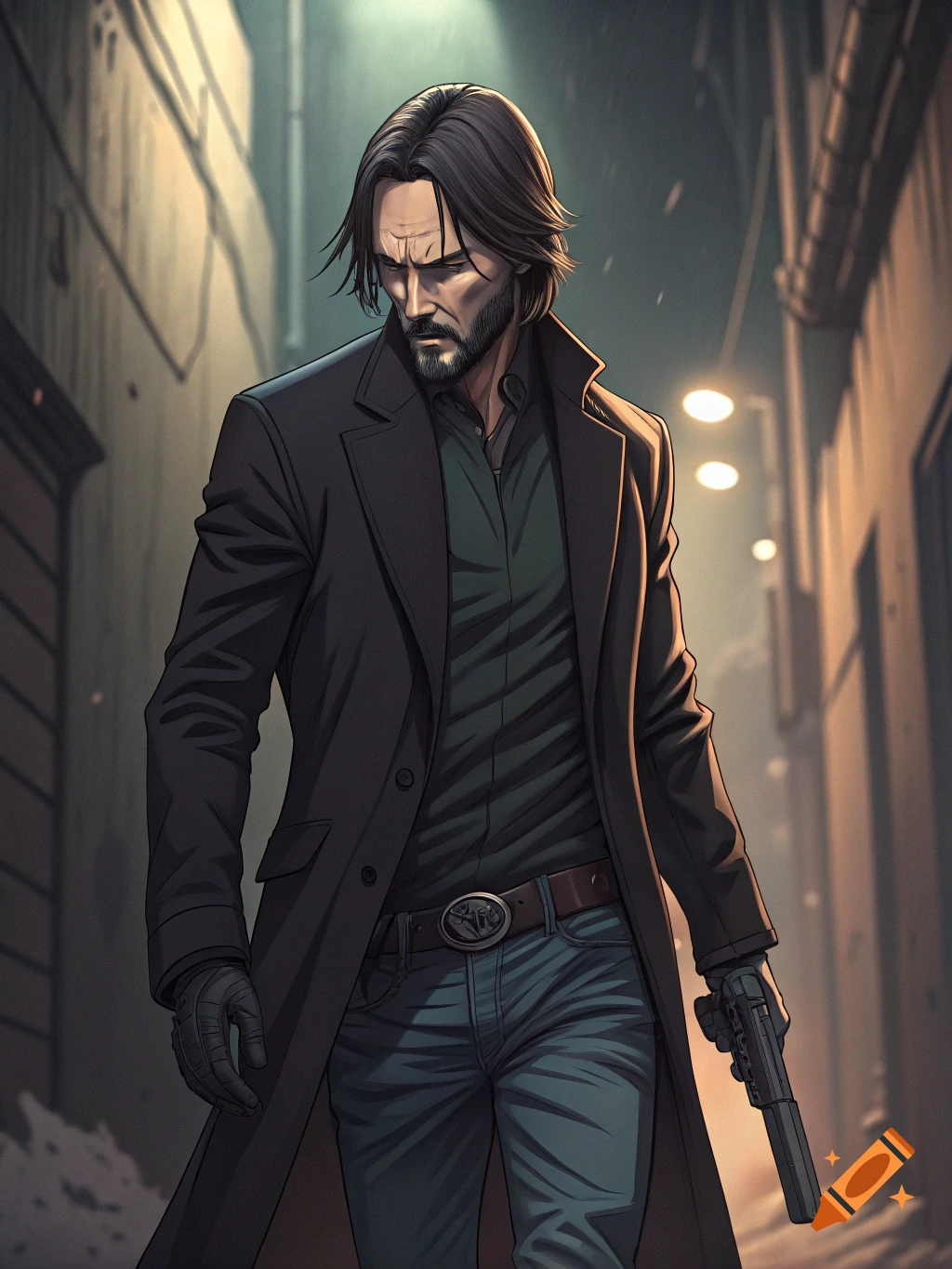 Anime-style character resembling John Wick walks in a snowy alley, holding a gun.