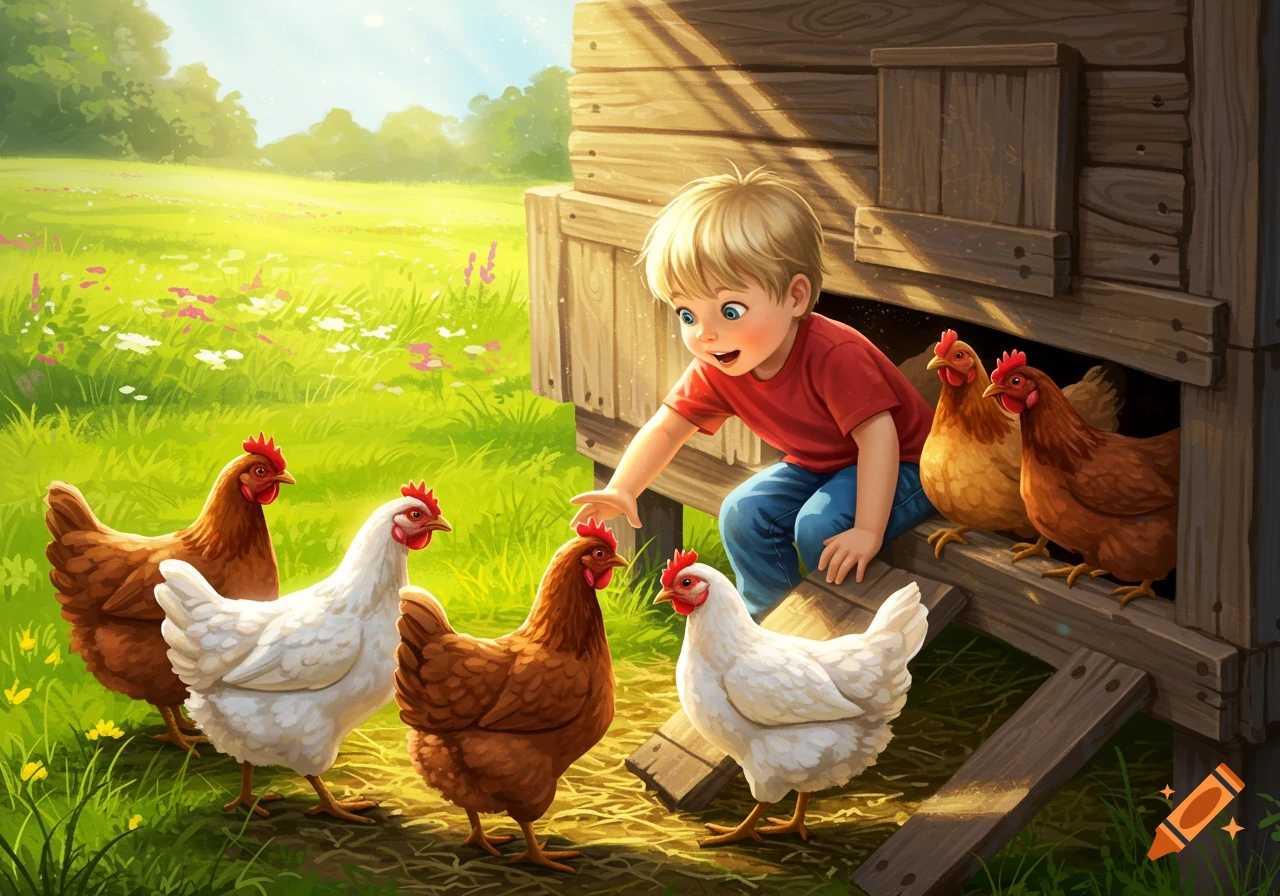 A wide-eyed boy interacts with several chickens in a sunny green field beside a wooden coop, in an illustrative style.