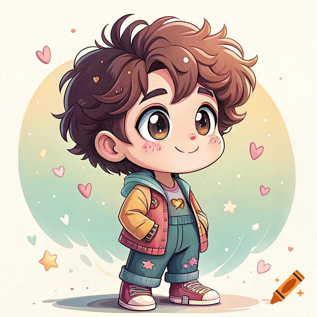 A cute, chibi-style cartoon boy with messy brown hair, wearing a yellow and red jacket and teal overalls, standing with hearts and stars in the background.