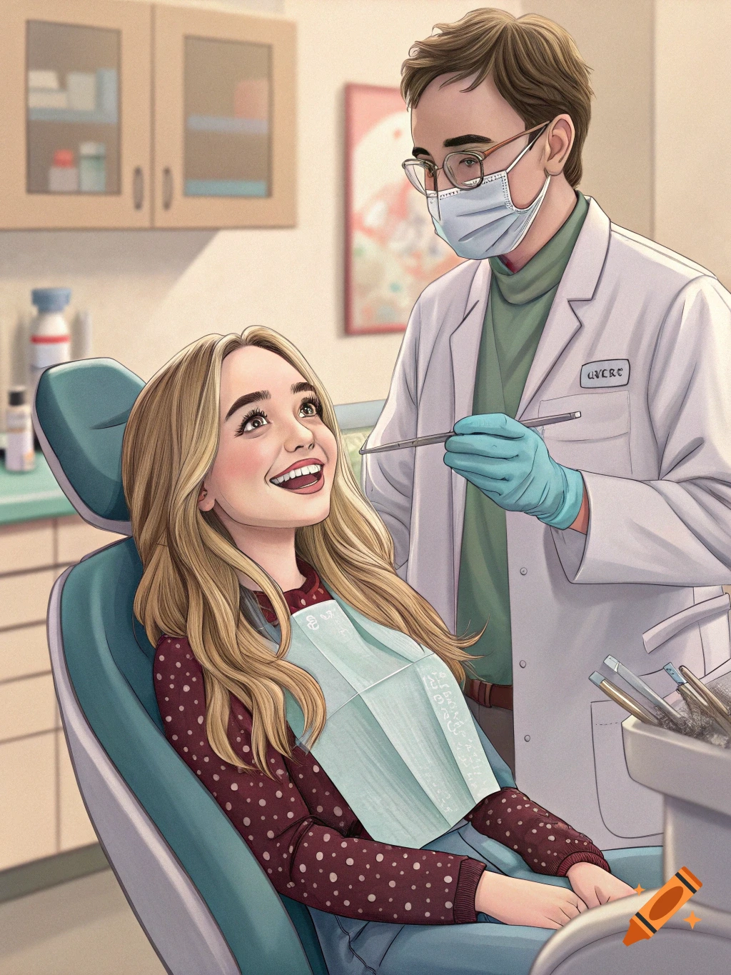 An illustration shows a smiling young woman in a dental chair looking up at a male dentist wearing a mask and holding a dental tool.
