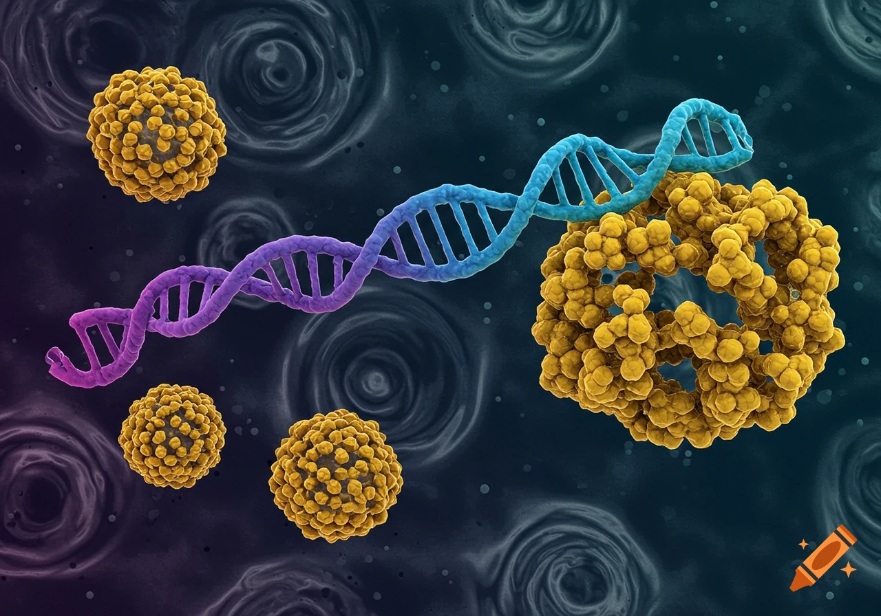 A vibrant 3D illustration of a DNA strand intertwined with a large yellow protein structure, surrounded by smaller yellow spherical particles.